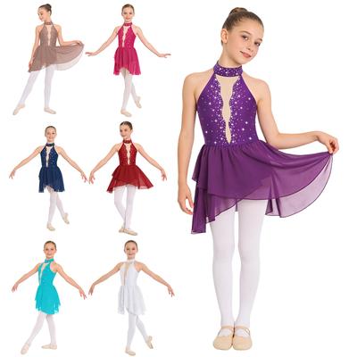 Girls Sparkly Rhinestone Patchwork Dress Sleeveless Mock Neck Sheer Mesh Open Back Irregular Hem Lyrical Dance Costume