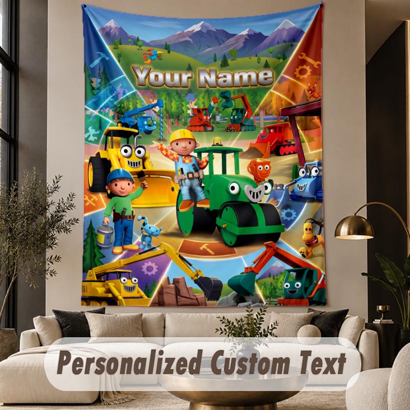 Custom Text Printed Tapestry Bob the Builder Pattern Large Wall Hanging Indoor Room Decor