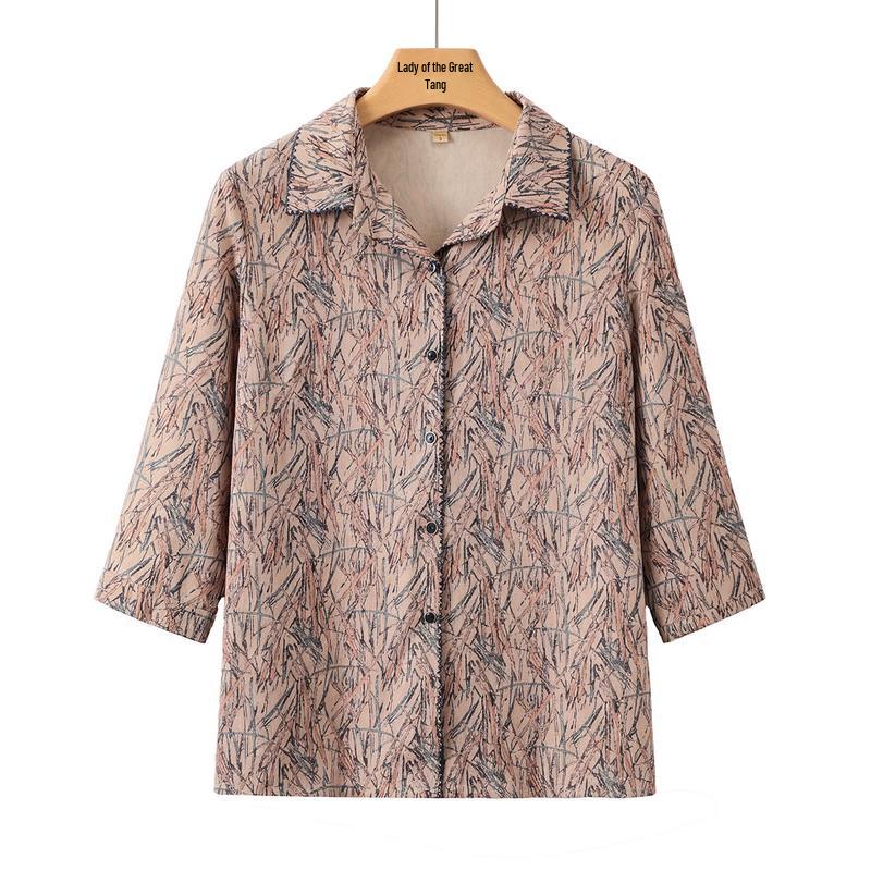 Elderly Women s Line Print Half-Sleeve Button Shirt 4XL
