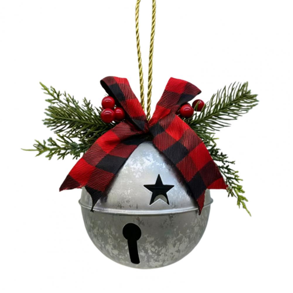 

15cm Christmas Bells Ornament Rustic Jingle Bell With Pine Needles Red Berries Plaid Bow Metal Sleigh Xmas Tree Hanging Decor серебряный