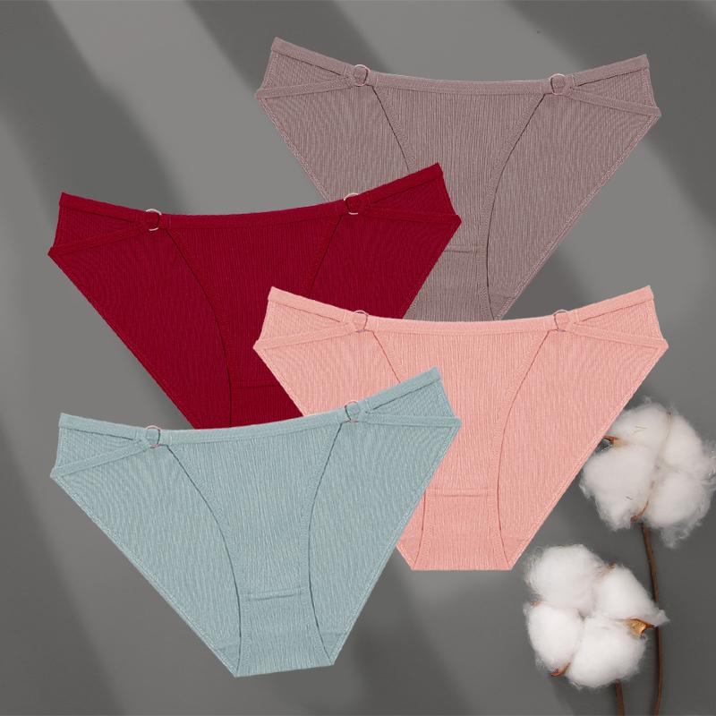 4Pcs Cotton Striped Underwear Women's Double Belt Panties Sexy Low Waist Solid Briefs Female Breathable Comfort Lingerie
