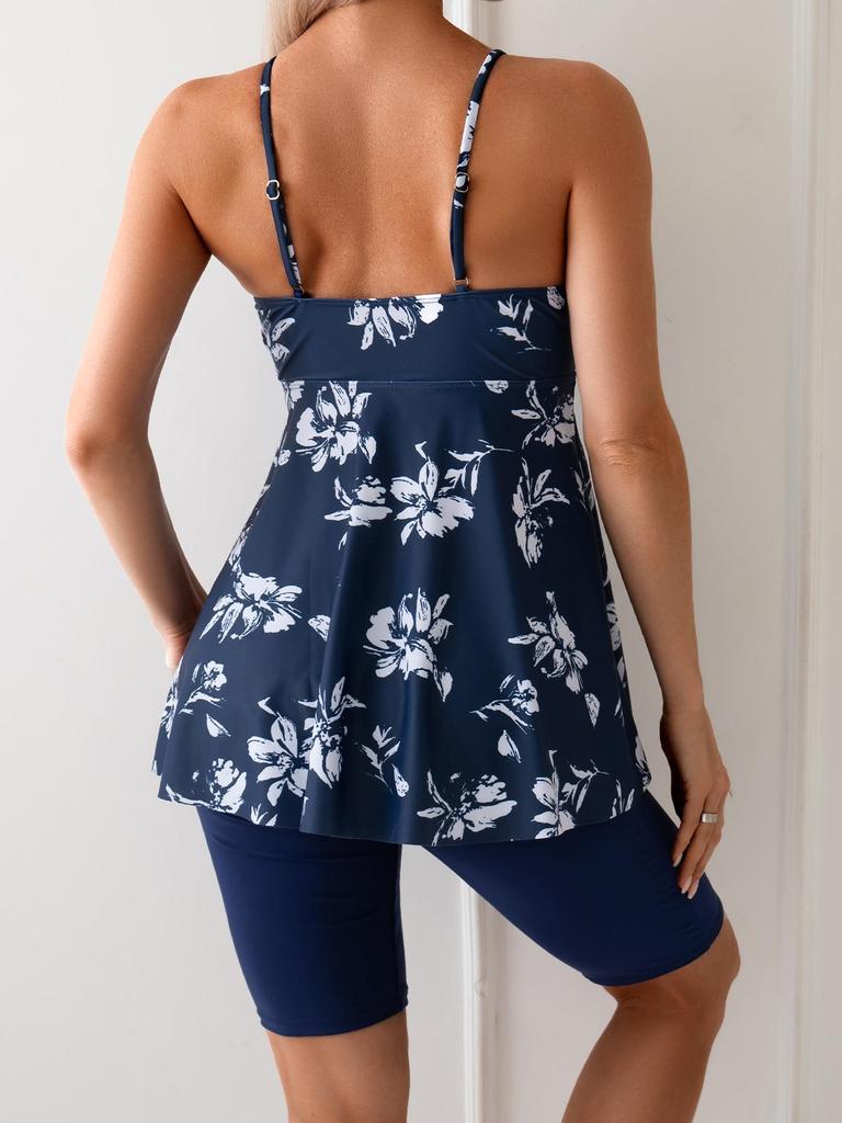 2026 Euro-American Fashion Women's Slimming Two-Piece Swimsuit with Tummy-Covering Shorts and Skirt-Style Digital Print Capri Pants Bikini.