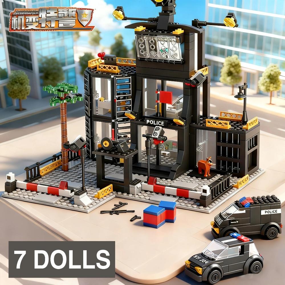 SWAT Polizeistation Militärstadt-Modell-Set Gefängnisauto Polizist Boot Figuren Modellbausteine DIY Spielzeug für Kinder Jungen Geschenk