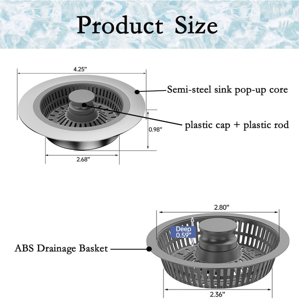 Pack of 2 Kitchen Sink Plugs, Universal Drain Strainer, Kitchen Sink, Faucet Stopper, Pop-Up Floor Drain Filter Made of Stainless Steel for Sink Bore