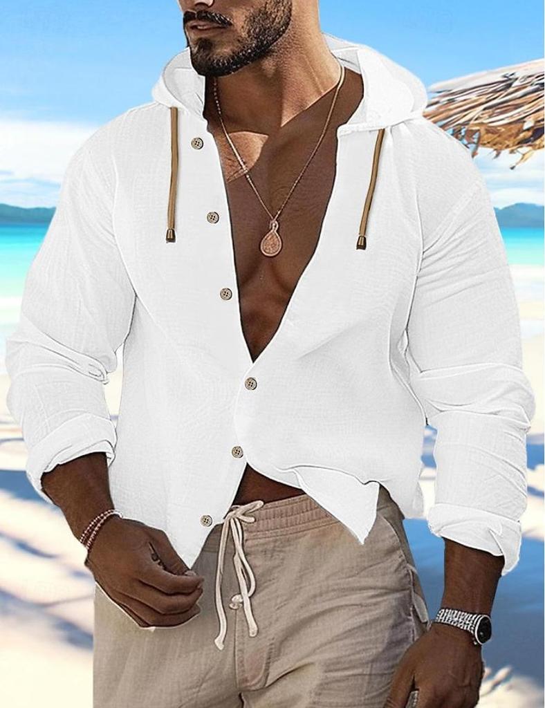 Men's Cross-border Button-up Summer Shirt Solid Color Daily Independent Station Long Sleeve Plain Hooded Cardigan Casual Wear