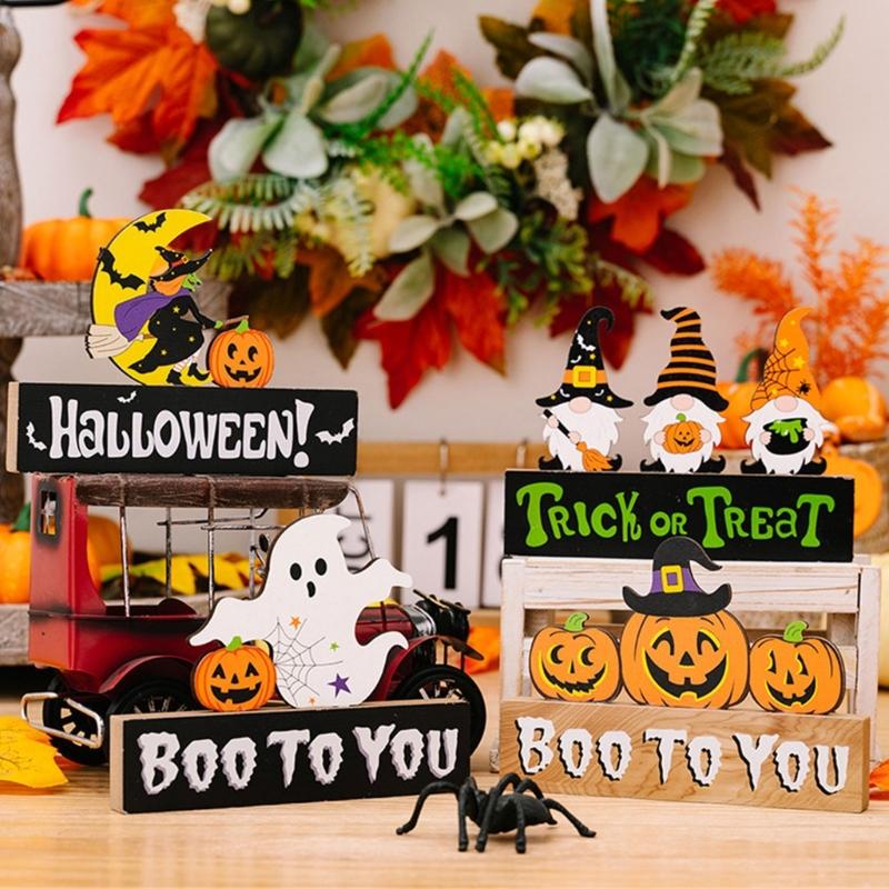 2Pcs Creative Halloween Gnomes Pumpkin Witch Figurines Wooden Block Table Sign For Festives Home Shelf Tiered Tray Decors