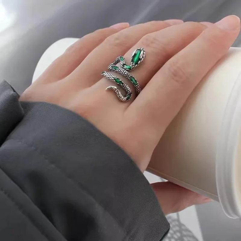 925 Silver Rings For Women Vintage Handmade Adjustable Retro Green Snake Ring Fashion Band Female Bijoux Gift