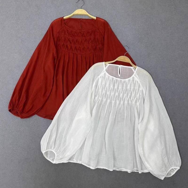 Johnature Summer Japanese Korean Forest Retro Round Neck Pressed Pleats Versatile Loose Shirts Casual Thin Women Tops