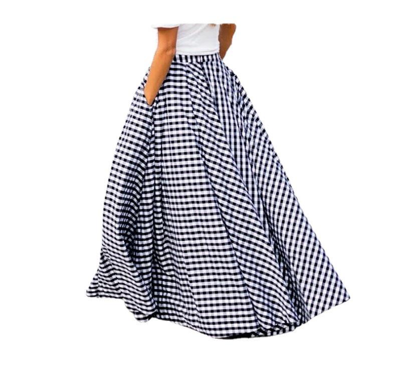 Fustă elegantă de damă cu talie înaltă, în carouri, tip A, pentru vară