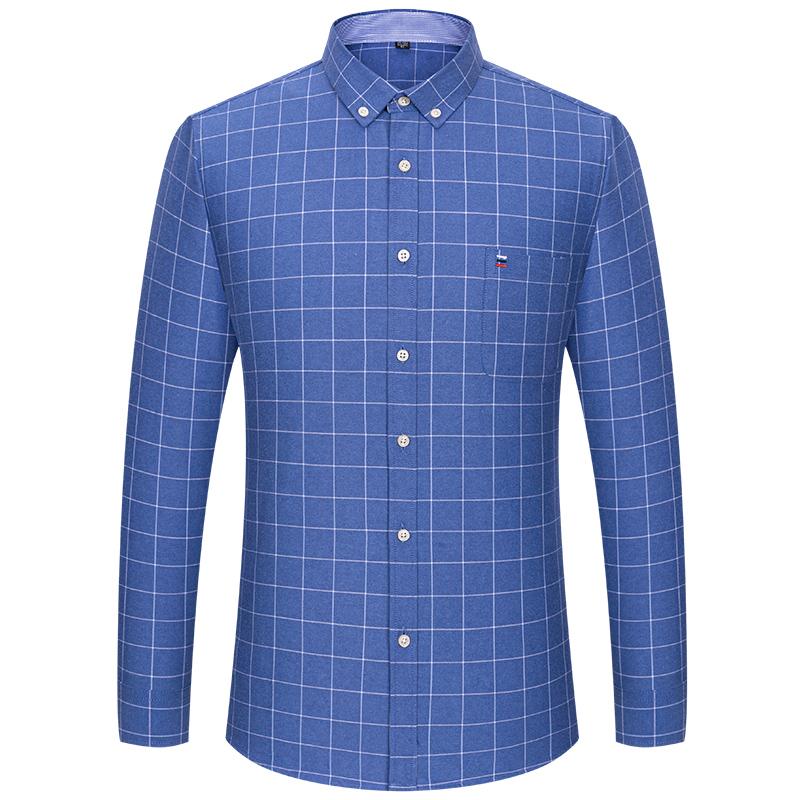 New 100% Cotton Oxford Men Shirts Long Sleeves Plaid Soft Regular Fit Formal Dress Shirt Pocket Social Blouse Male Clothes S-7XL