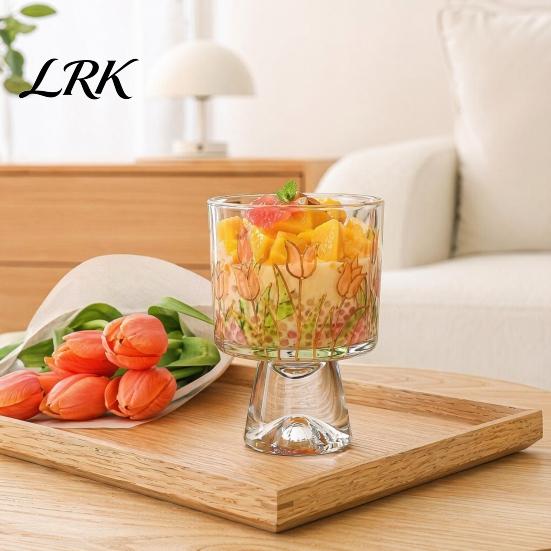 Hoher Borosilikatglasbecher Eisbecher, Blumenmuster Fußbecher Kleine Dessertschale Klar Dekoratives Trinkgefäß für Eisbecher, Pudding, Gelee, Obst,