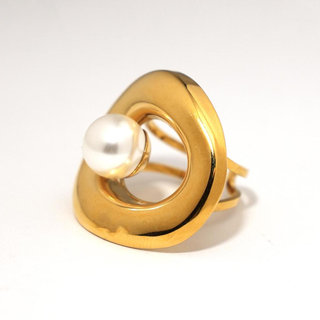 European & American Fashion: Stainless Steel Pearl Geometric Open Ring with Smooth, Hollow Design