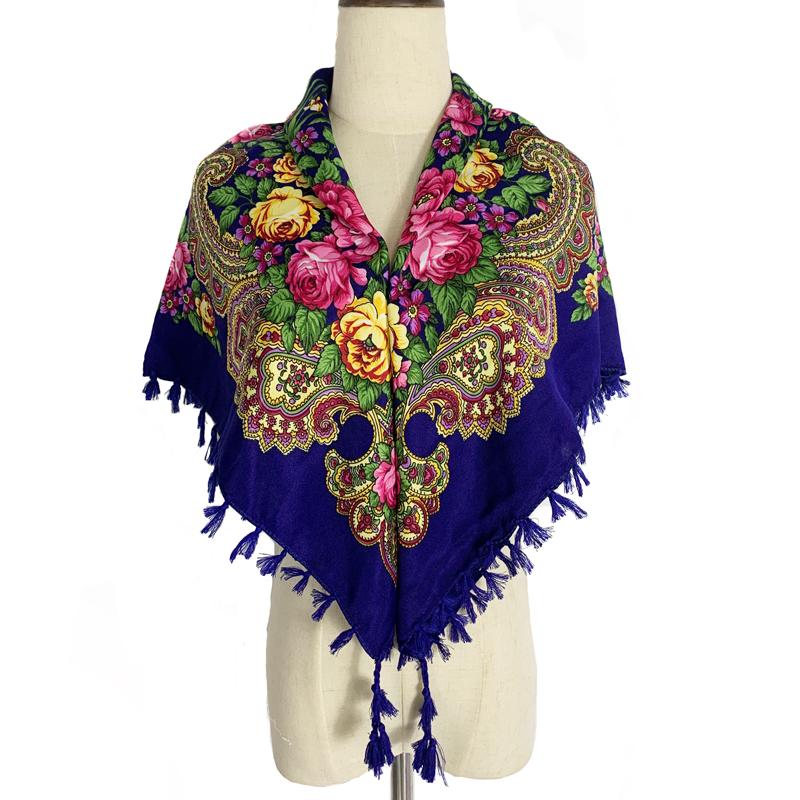 90*90cm Short Tassel Floral Print Russian Square Scarf Women Luxury Flower Printed Bandana Shawl Ukrainian Babushka Head Wraps