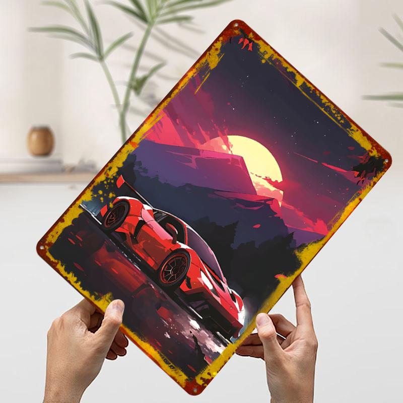 Red Sports Car Sunset Printed Poster Customized Wall Art Retro Vintage Metal Tin Signs for Garage Decoration Bedroom Decorations