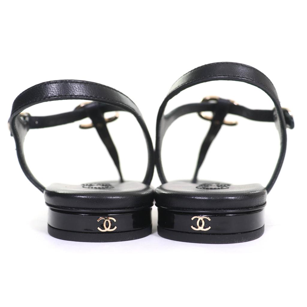 CHANEL Sandals COCO Mark ankle strap thong sandal flats black leather 24C G45428 Used