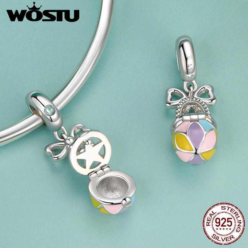 WOSTU Easter Eeries 925 Sterling Silver Colorful Rabbit Charm Lucky Star Egg Pendant Safty Chain Easter Basket Stuffers DIY Gift