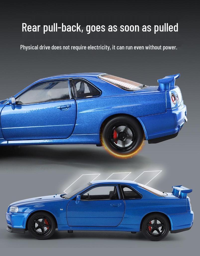 1:24 Alloy GTR R34 Model Car Toy with Sound, Light, Openable Doors, Four-Wheel Steering, and Pull-Back Action