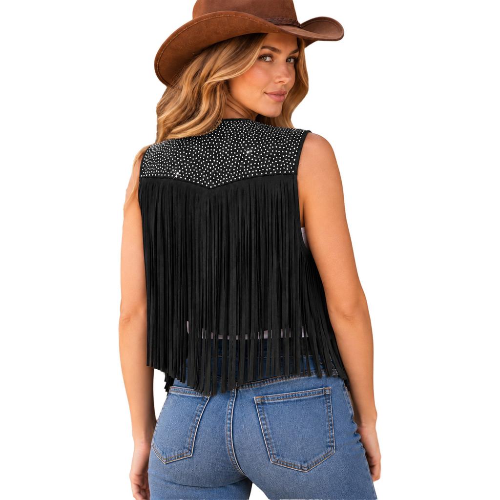 Women Cowgirl Costume Rhinestones Faux Suede Tassels Vest