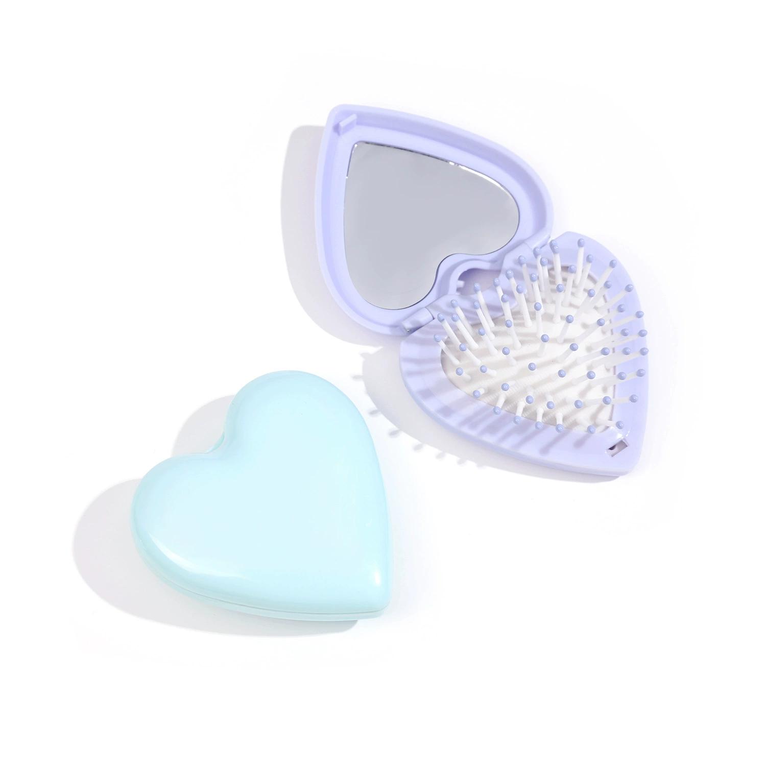 Peine de masaje plegable en forma de corazón, espejo portátil para niñas, cepillo de pelo de regalo