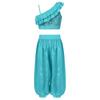 Girls Asymmetrical Shoulder Sequin Crop Top Satin Bloomers Pants Belly Dance Outfit
