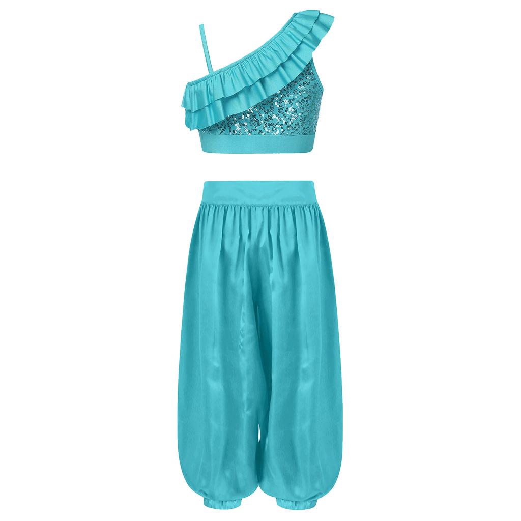 Girls Asymmetrical Shoulder Sequin Crop Top Satin Bloomers Pants Belly Dance Outfit