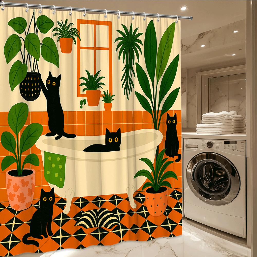 Cute Cat Shower Curtain Black Cats Green Plants Boho Style Bathroom Decor Playful Art Design Waterproof Simple Installation