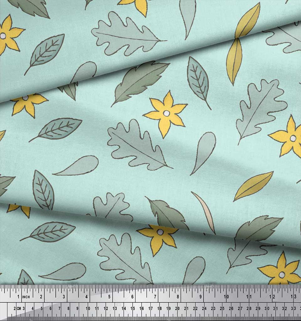 Soimoi Gray Japan Crepe Satin Fabric Leaf Floral Decor Fabric Printed Metre 42 Inch