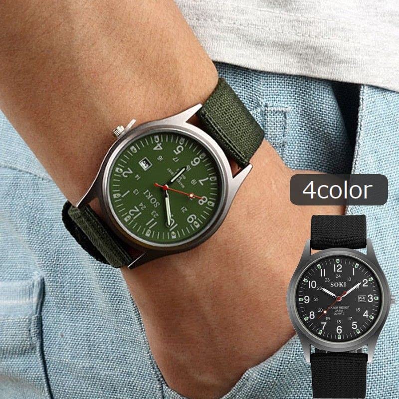 Plus Nao Military Date Stylish Green Men's Watch, Analog, Style, Round, Canvas, Display, Luminous, -