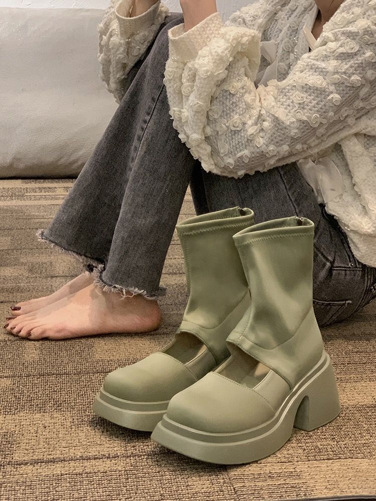 Thin elastic thin boots round head thick heel thick sole waterproof table spring short boots hollow Martin boots women