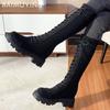 Winter Women Chunky High Boots Suede Mid Heels Fashion Shoes Lace Up Motorcycle Boots 2025 Trend Winter Knee High Botas De Mujer