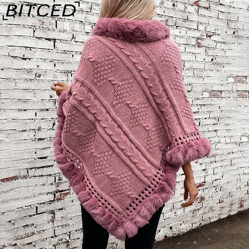 BITCED Oversized Fall/Winter Warm Faux Rabbit Fur Collar Cape Chunky Cable Knit Sweater Jacket