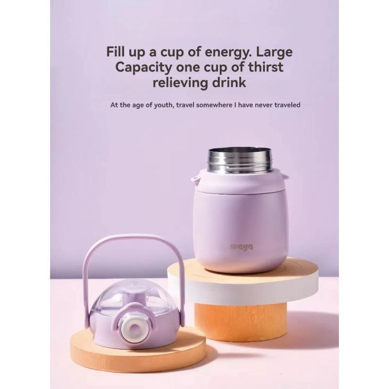 0.8L Cup Water Bottle with Straw Large Vaccum Flasks Stainless Steel Vacuum Cup with Strap LeakProof Portable Thermos for School