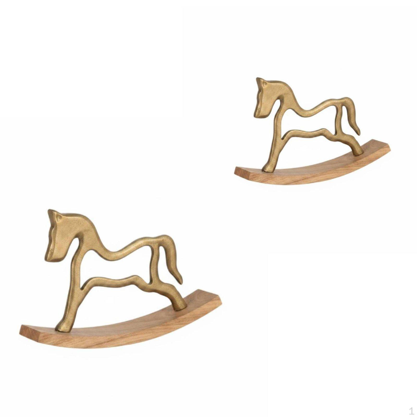 2 Pieces Gilded Equine Statue Finish Rocking Horse Figurine Artware for Living Room,