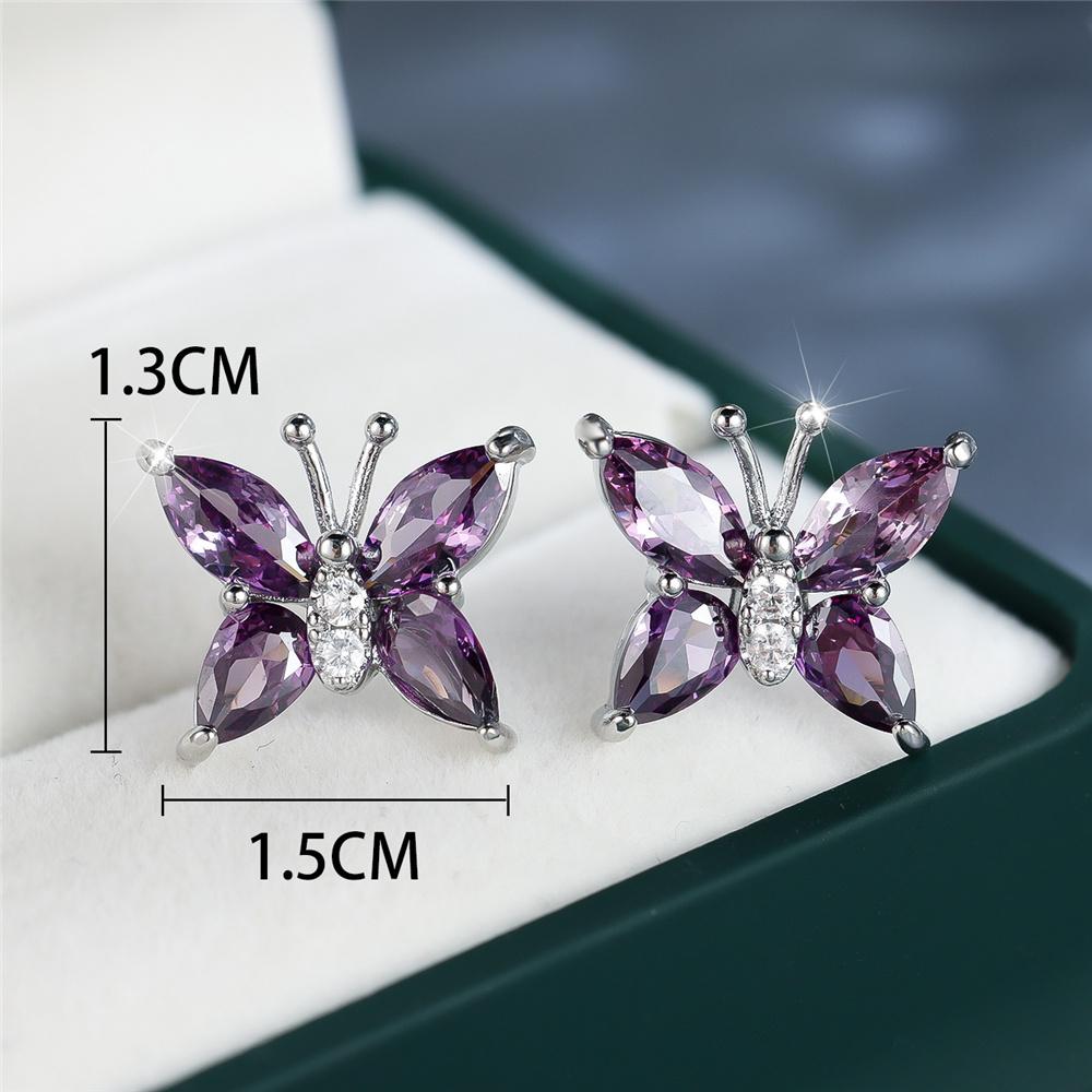 Simple Female Purple Crystal Stone Silver Color Stud Earrings Cute Bridal Butterfly Weddings Jewelry For Women