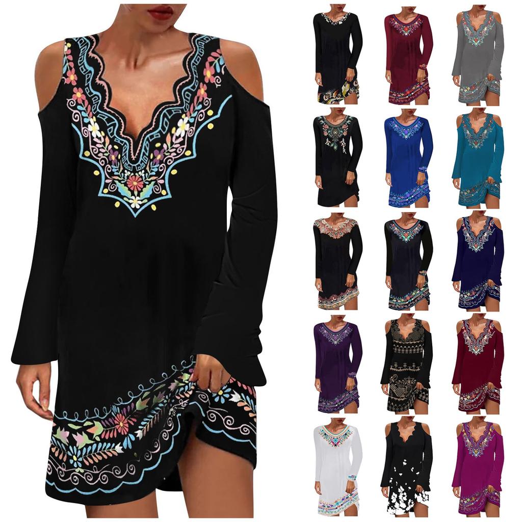 Women's  Retro Printing  O-Neck Long Sleeve Ethnic Style Comfy Casual Dress