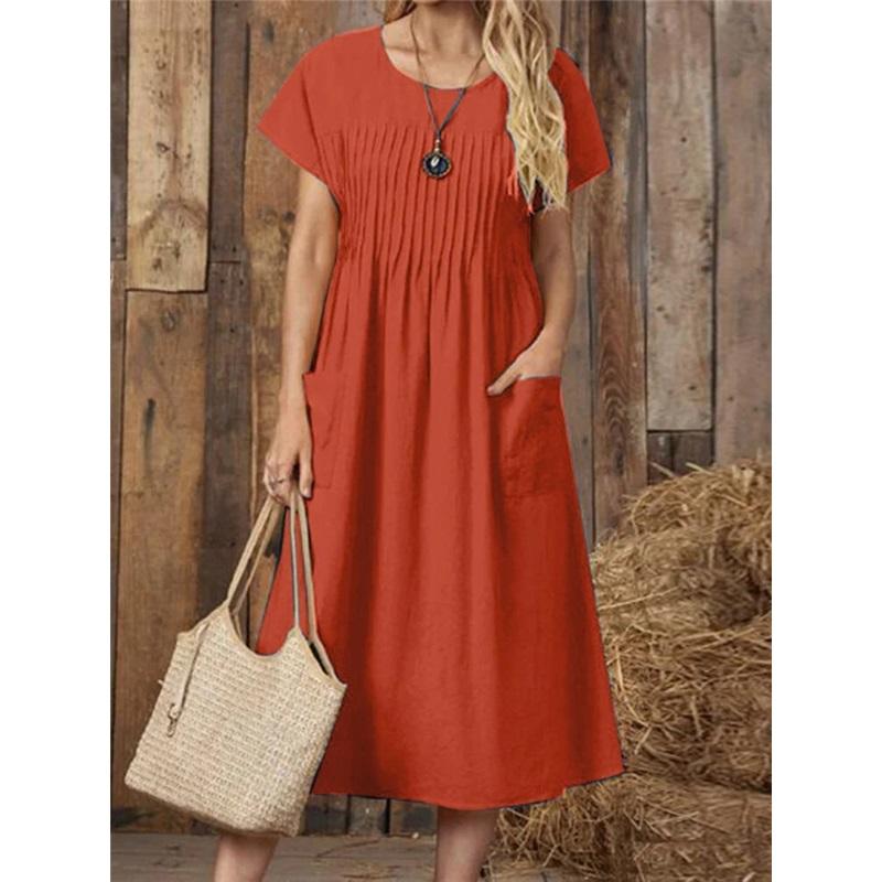 Women's Long Skirt European And American Style New Solid Color Round Neck Pocket Pleated Short-sleeved Cotton And Linen Dress