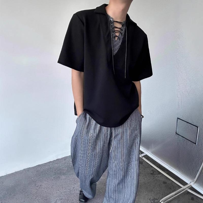 

Men Striped Panel Lace Up Henley Shirt Short Sleeve Casual Contrast Color Polo Shirt for Men 2XL чорний