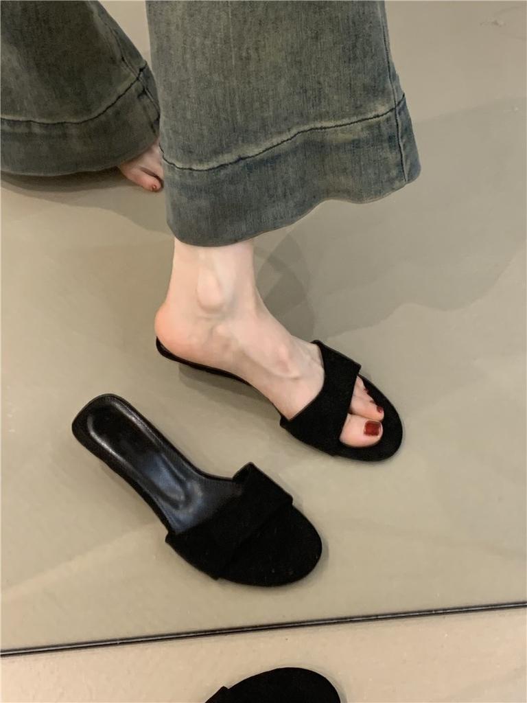 Niche design cool slippers summer French simple suede versatile open-toed wedge heel one-word sandals
