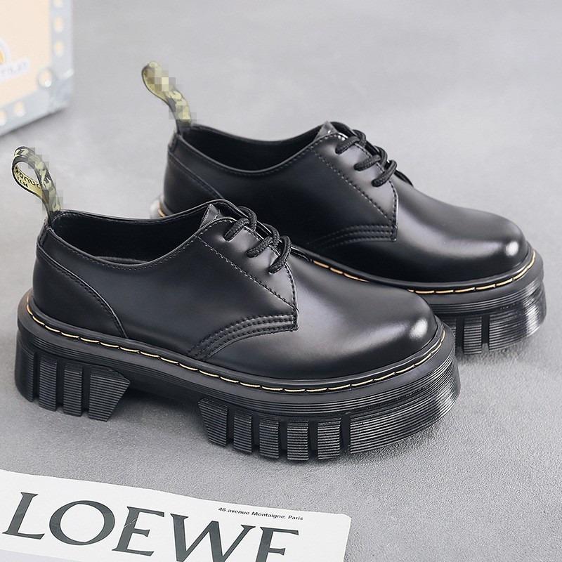 Thickened Bottom Hole Martin Shoes Women's Low Top, Leather Tire Sole Round Head Casual Student Muffin Short Boots