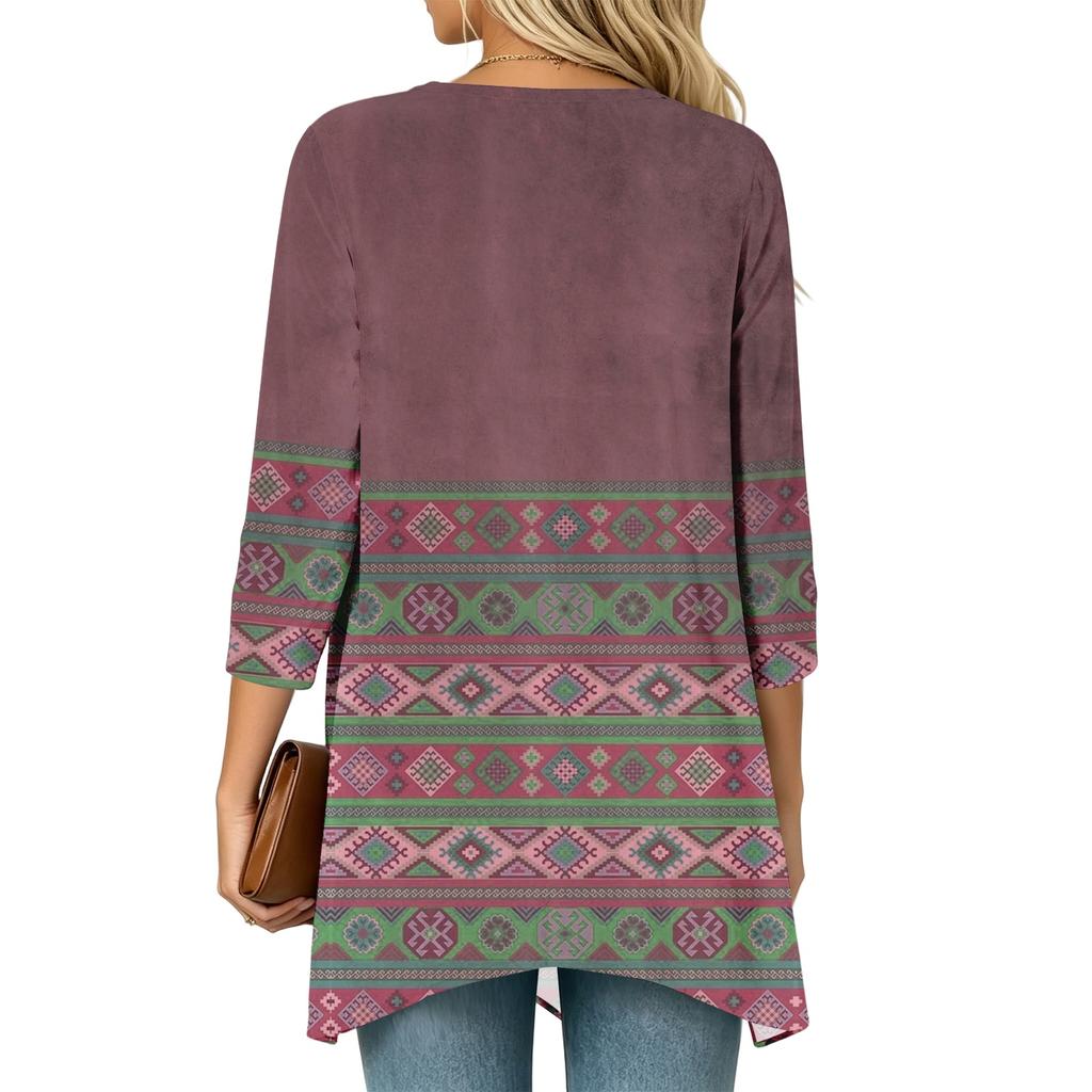 Women's Vintage Floral Print Three-Quarter Sleeve Lightweight Cardigan for Casual Daily Wear