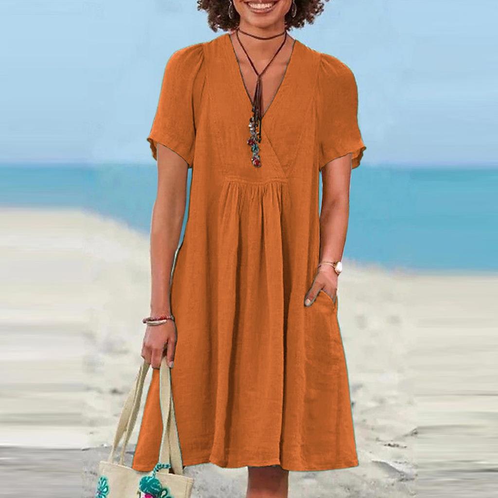 Women's Casual Loose Fashion Retro Cotton Short Sleeve V-neck Pleated Dress