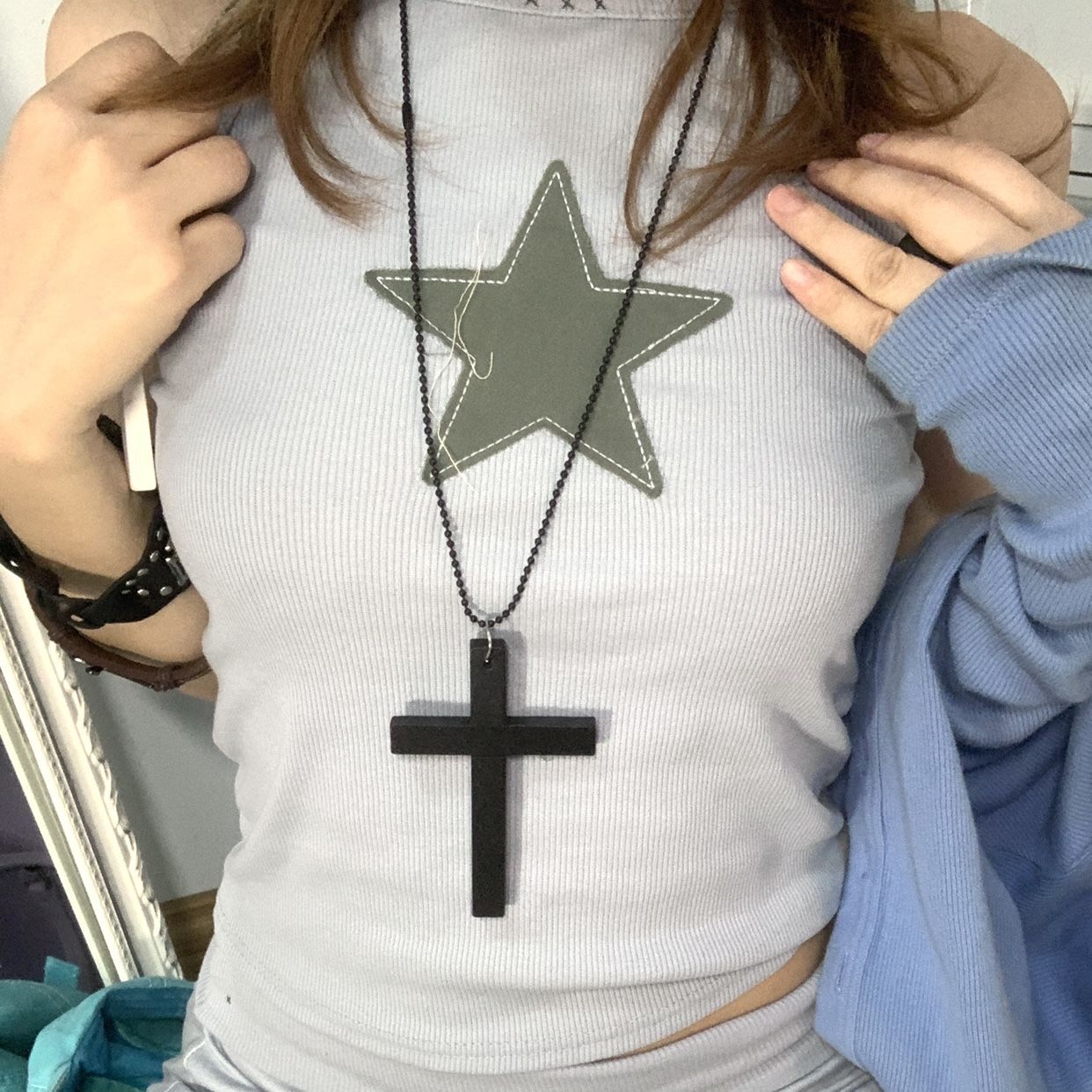 

Darkness Retro String Beads Wood Cross Necklace Gothic Punk Collarbone Chain for Women Men Couple Y2k Subculture Zircon Gifts чорний