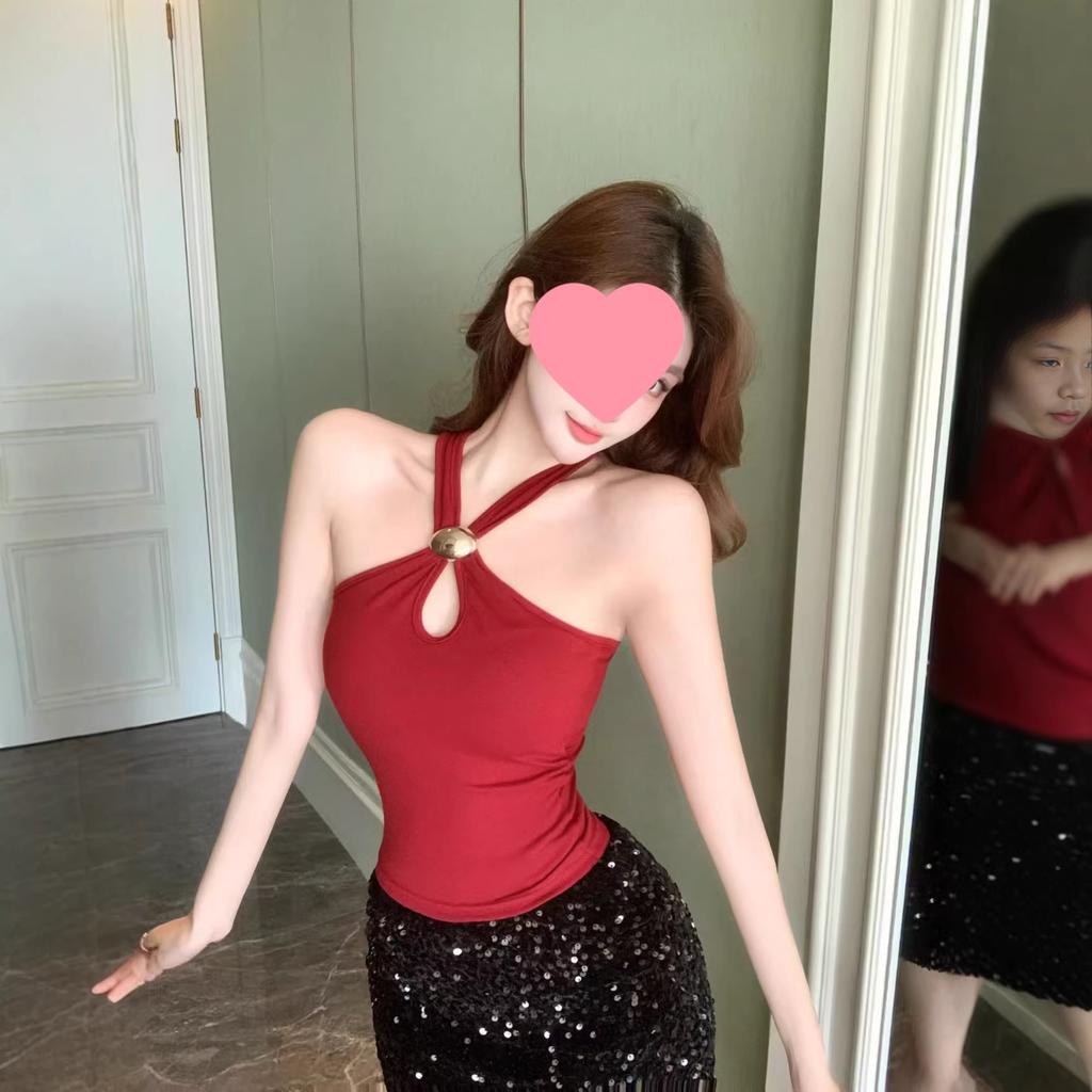 With Chest Pads, Pure Desire Spice Girl Neck-hanging Hollow Top, Women's Sexy and Thin Vest, Slim-fitting Back Bottoming Shirt