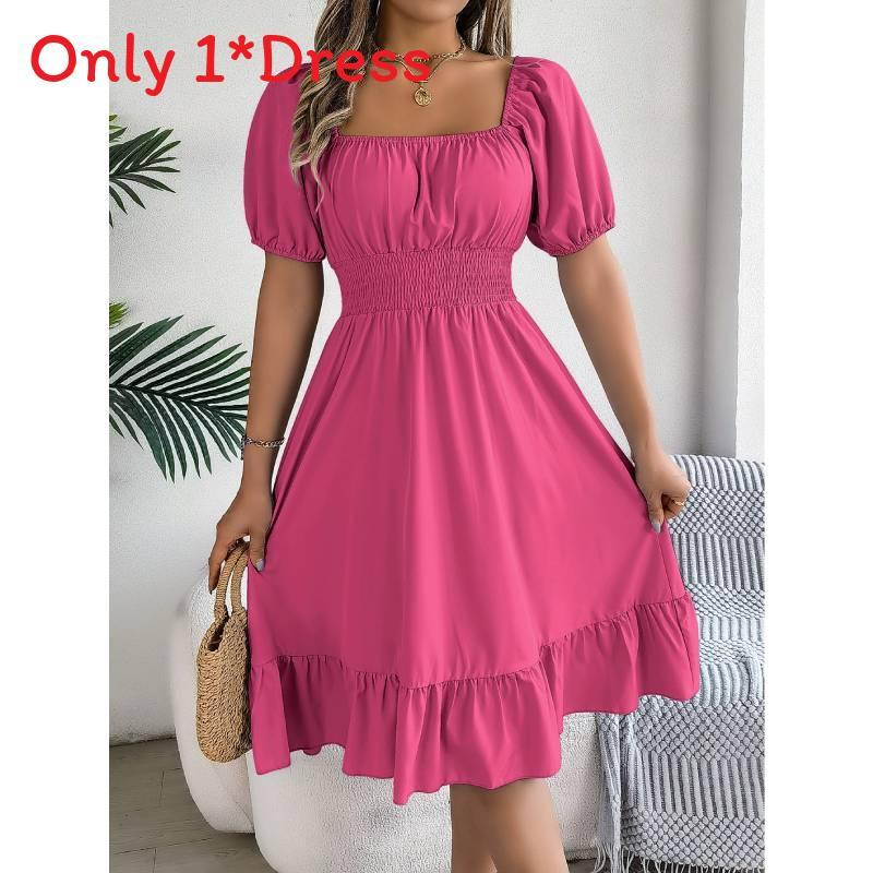 Euro Street Style Short Sleeve A Line Dress With Ruffle Hem For Casual Wear