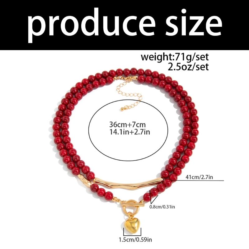 Pack of 2 Love Heart Pendant and OT Buckles Neckchain Red Acrylic Beads Chokers Necklaces for Women Jewelry Unique Gift