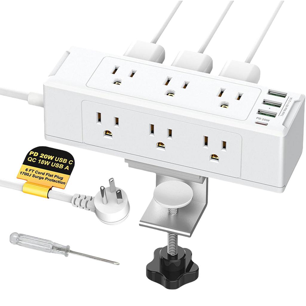 Desk Edge Mount Power Strip with 6 Outlets & 4 Fast Charging USB Ports Tabletop Surge Protector Desk Clamp Power Socket