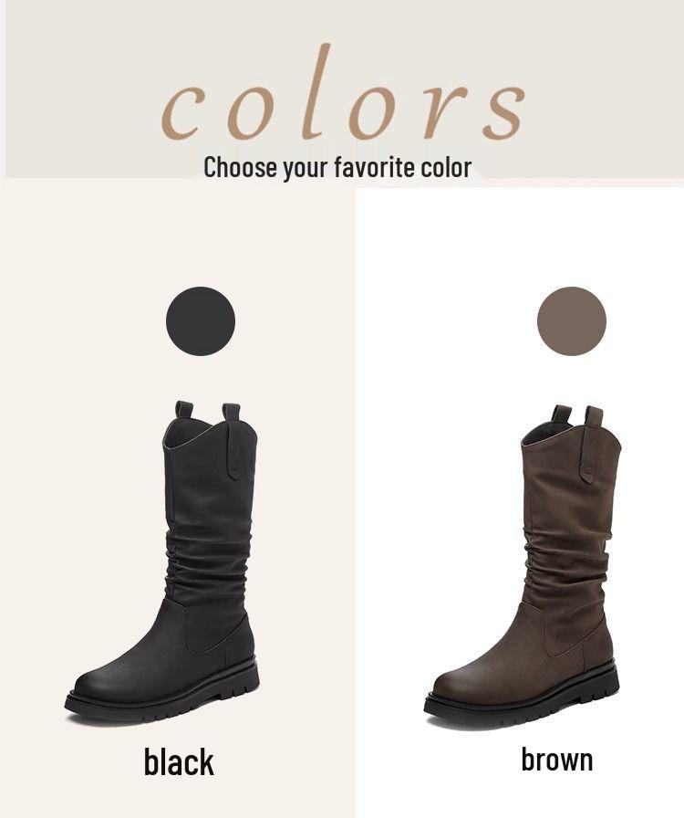 Dámské kozačky do půli lýtka s plochým podpatkem 2025 - Nový jarní a podzimní styl se sametovou podšívkou, ideální k sukním