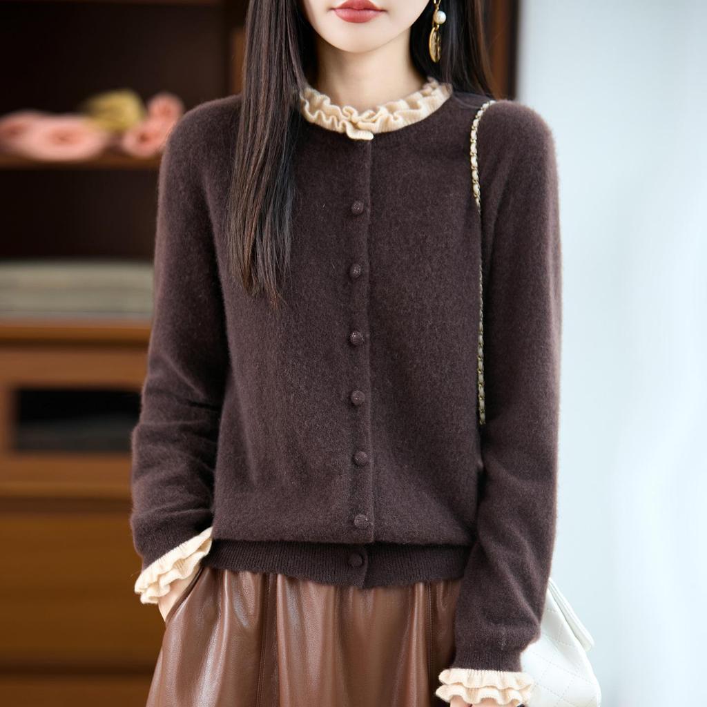 Women's Stylish Color Block Lace Knit Cardigan Sweater with Wood Ear Details and Button Closure for Fall and Winter