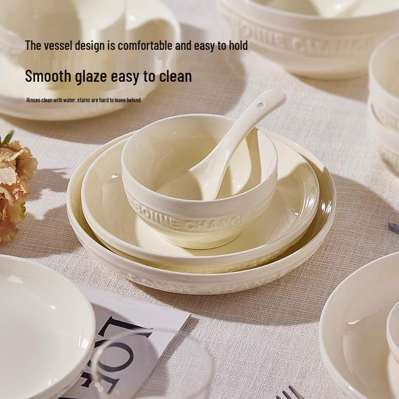 French Cream Style Underglaze Ceramic Bowl Set (2025), Including Rice Bowl, Plate, and Chopsticks.