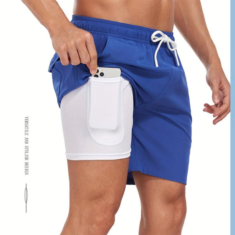 Men's Two Layers Board Shorts With Pockets, Athletic Quick Dry Slightly Stretch Drawstring Workout Shorts With Assorted Colors